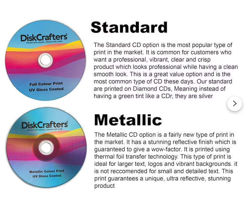 CD Print Types. UV Gloss Coating. Regular VS Metallic. How CDs are printed